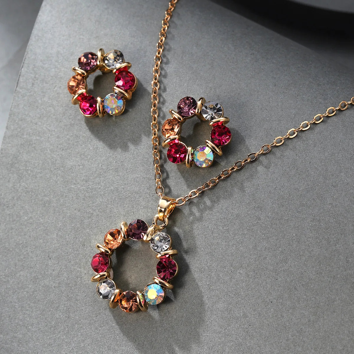 Luxury Multicolor Zircon Jewelry Set, Elegant Necklace and Earrings, Minimalist Luxury Gift for Women, Sparkling Gemstones