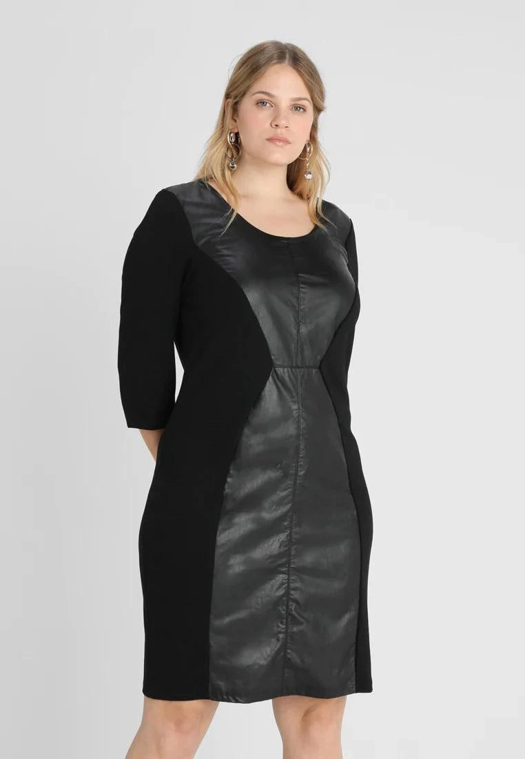 Plus Size Elegant Office Dress Women Quarters Sleeve Knee Length Solid Black Pu Dress Ladies Large Size Sheath Spring Dress 6XL