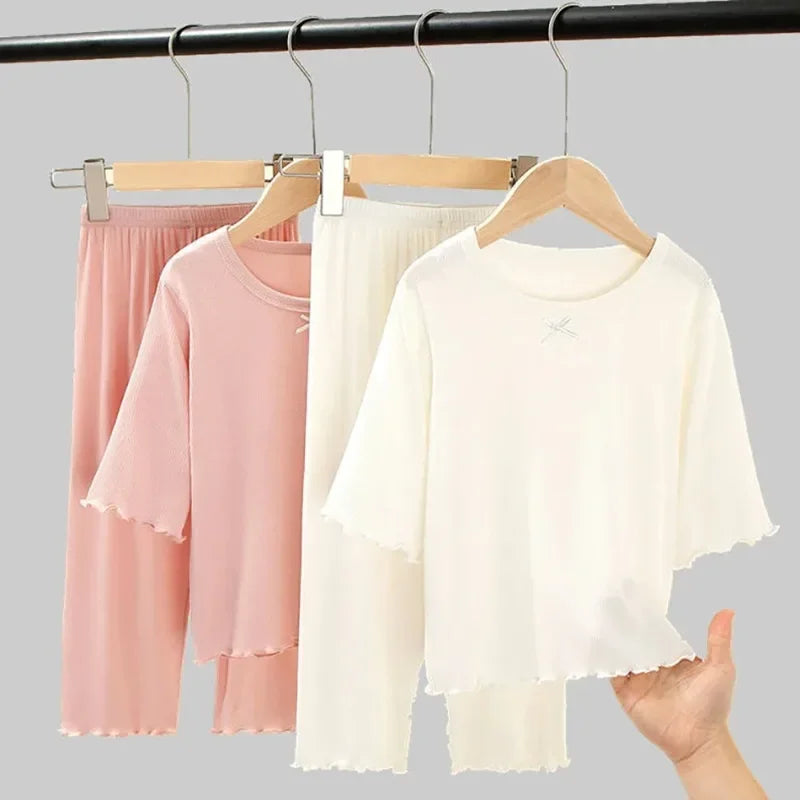 Girls Ice Silk Set Thin Children Homewear Clothes Summer Kids Air Conditioning Short Sleeve Children Sets Girl Pajamas Outfit