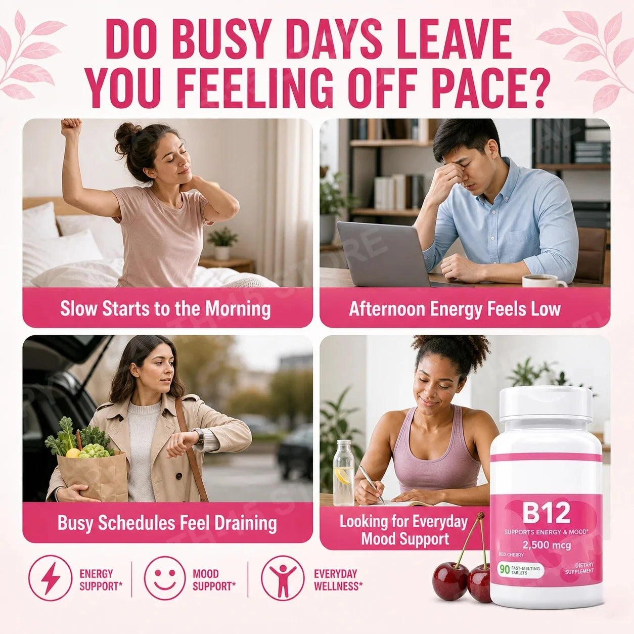 Methylcobalamin Vitamin B12 2500mcg Fast Dissolve Tablets 90 Servings Cherry Flavor Daily Energy Metabolism Support for Adults