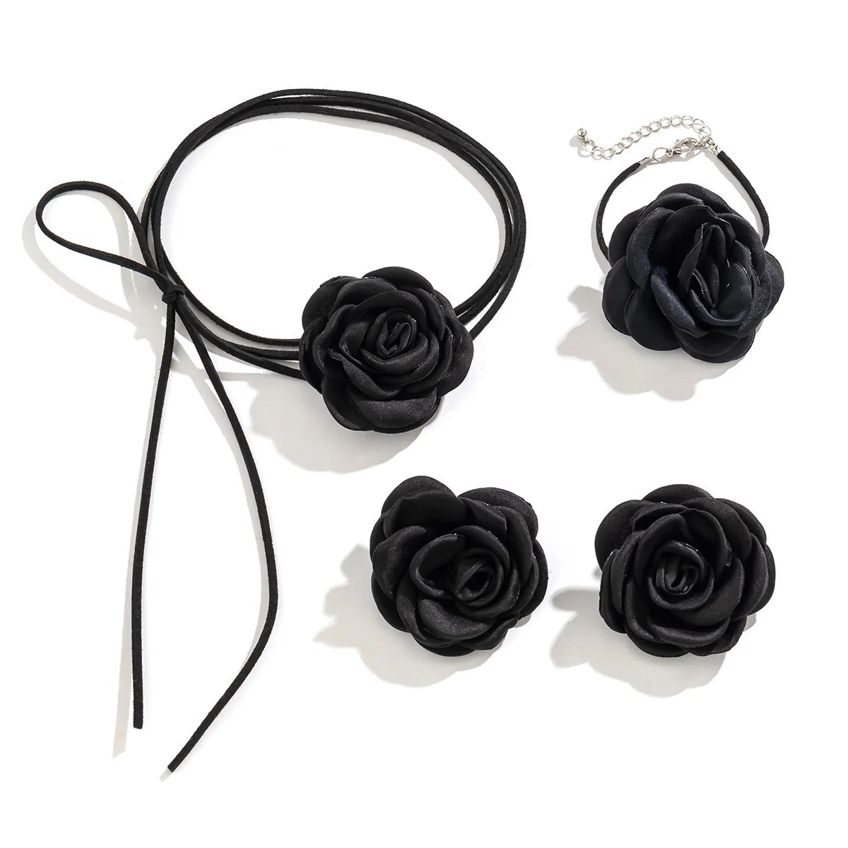 Women Adjustable Rope Choker Clavicle Chain Goth Y2K Romantic Rose Flower Necklace Bracelet Earrings Set