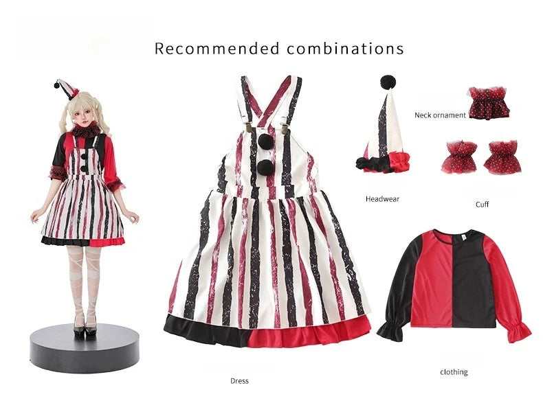 Halloween Cosplay Costumes Horror Clown Dresses Pants Headwear Clothes Sets Carnival Theme Party Role Playing Outfits for Girls