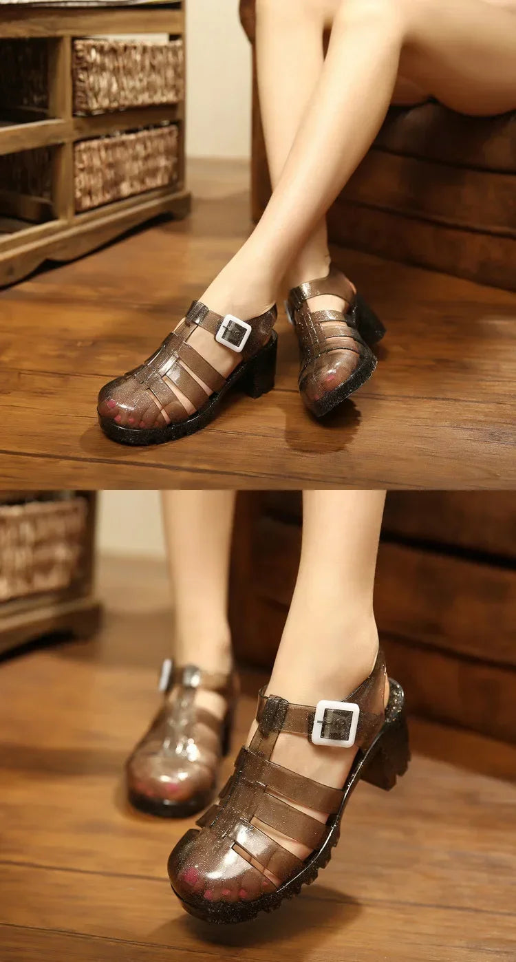 2025 Summer Women Casual Jelly Shoes Heel Women Square High Heels Transparent Platform Sandal Lady Bling Silver Sandals