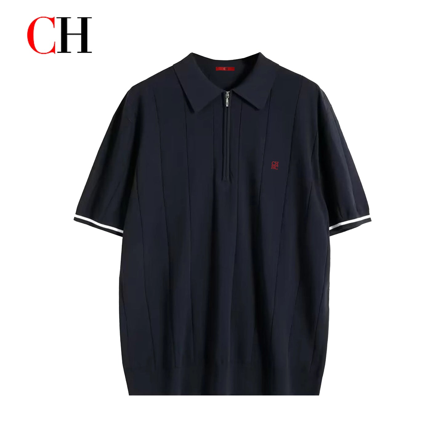 CH Luxury Men Turn Down Collar Knit Polo Half Zipper Vertical Texture Red Logo Embroidery Summer Male Business Gentleman Tee