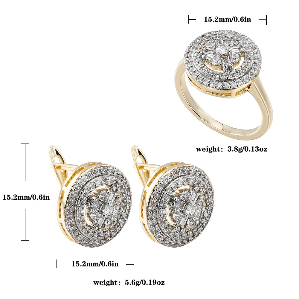 Round two-color design inlaid zircon earrings and rings set fashion jewelry holiday party banquet exquisite gift three-piece set