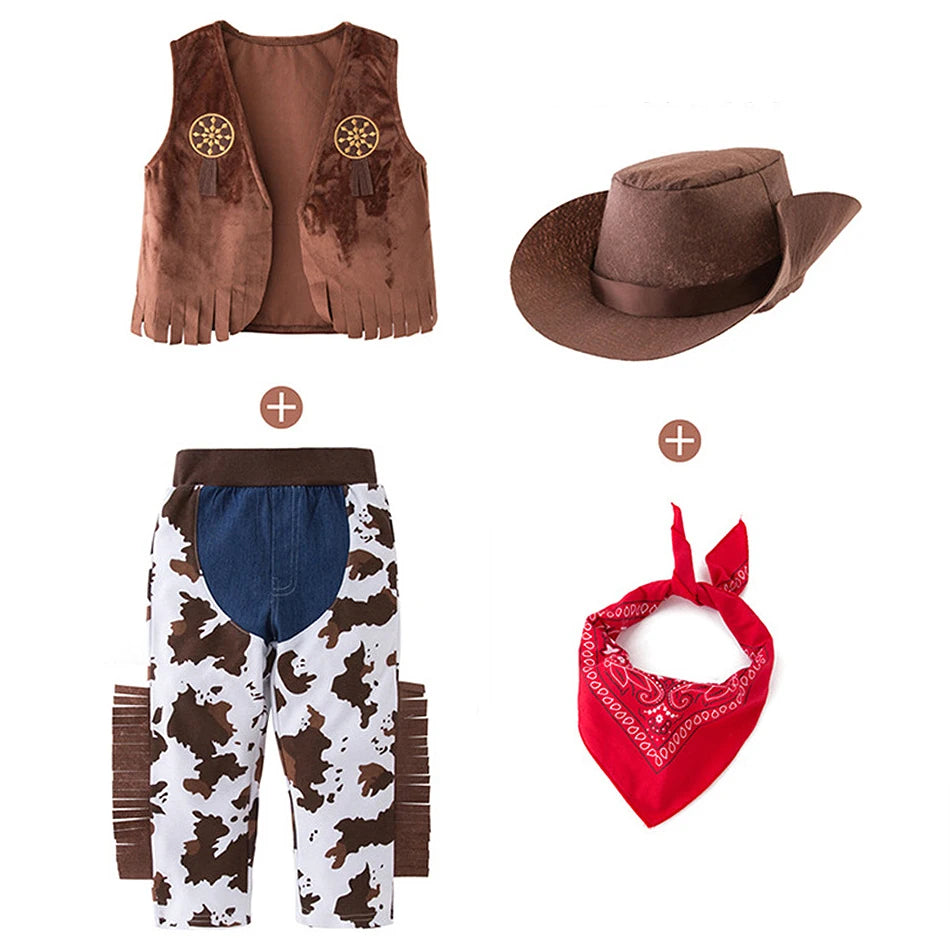 Kids Cowboy Cosplay Event Festival Outfits Boys Holiday Vest Pants Hat Set Children Carnival Birthday Xmas Party Costume 6M-12Y