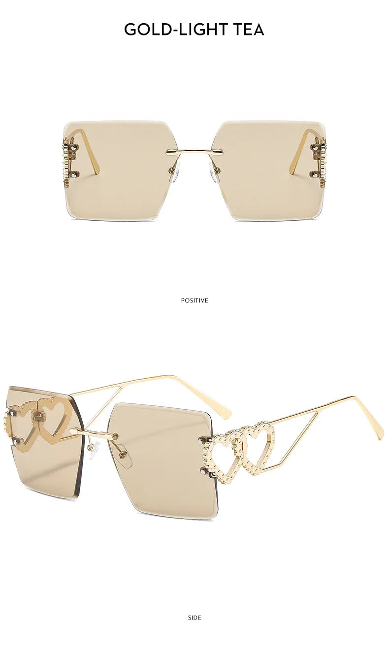 Rimless Retro Square Sunglasses Women And Men Trends Brand Design Metal Love Decoration Shades Travel Driving Sun Glasses UV400