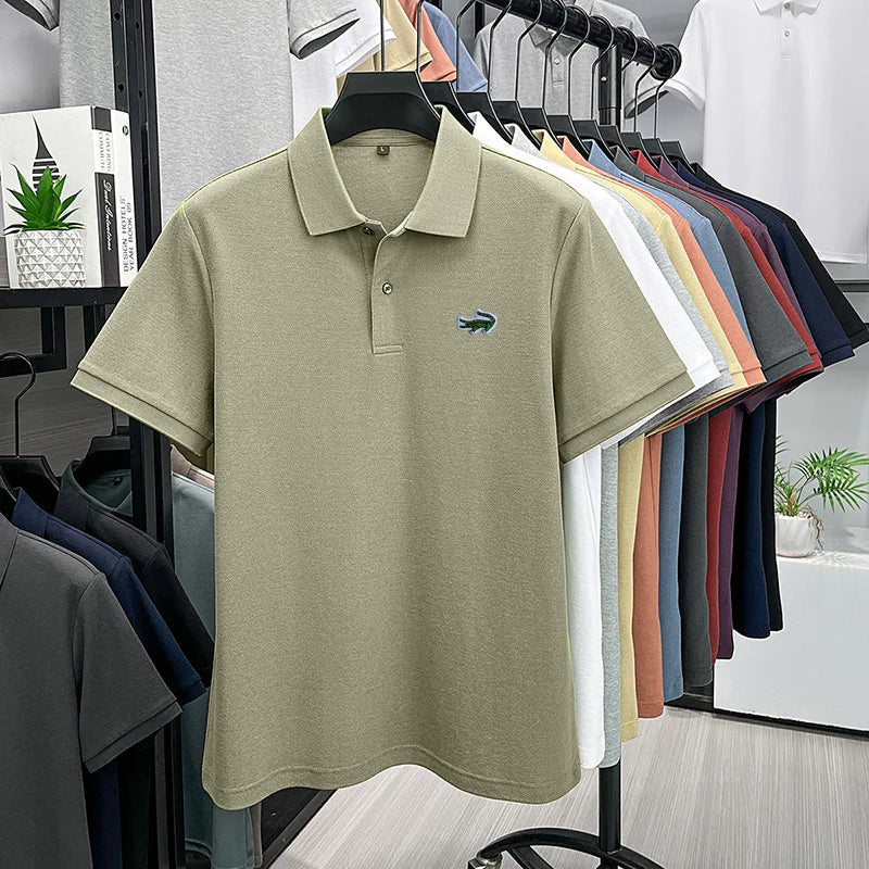 100% Cotton High-End Men New Short-Sleeved Polo Shirt Lapel Button Embroidery British Style Fashion Snug Hot-Selling Men's Wear