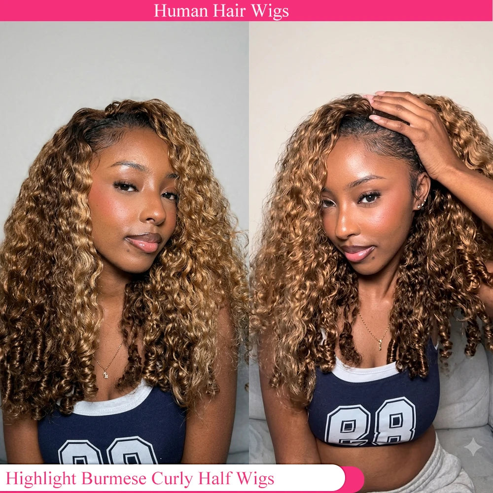Highlight Burmese Curly Half Wigs Glueless Human Hair With Drawstring Colored 3 IN 1 Half Wigs Flip Over Burmese Curly Half Wigs