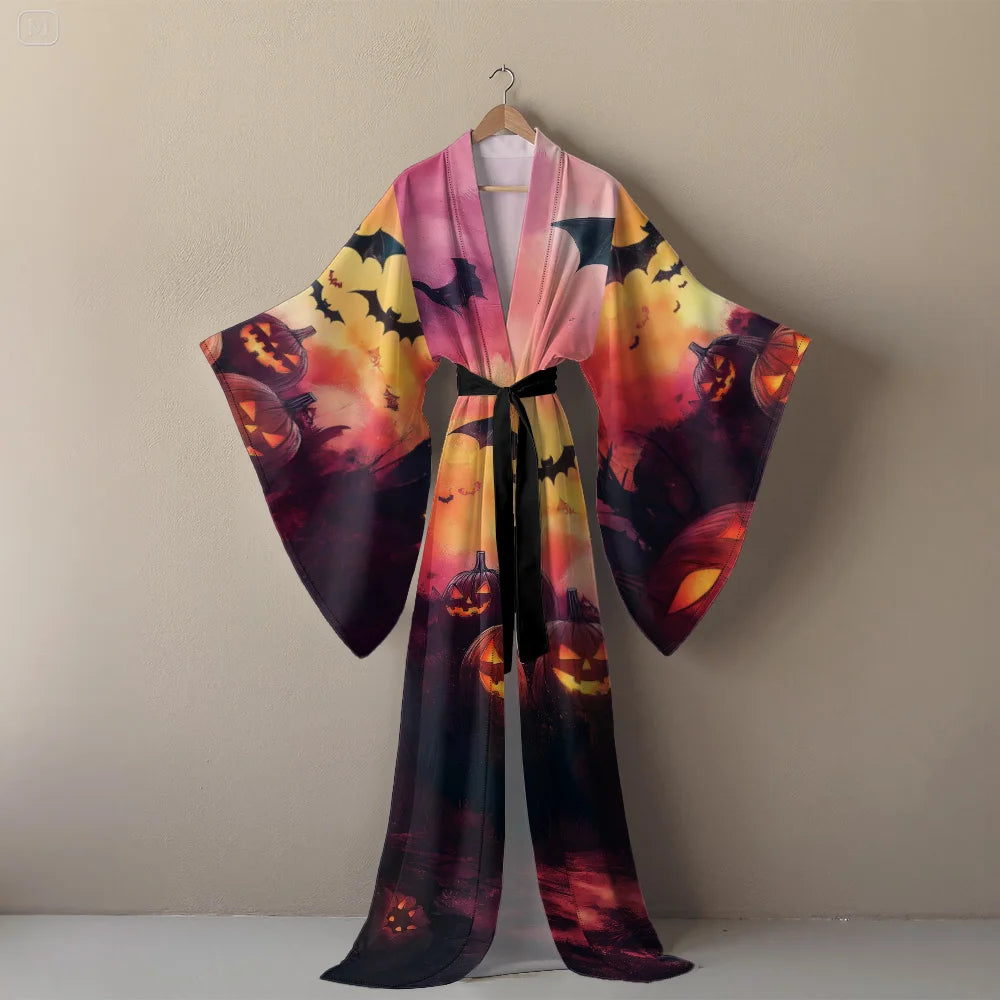Halloween Sexy V-Neck Robe with Ghost Print High Slit & Bat Sleeves Kimono - Women's Party Costume Funny Cool Cosplay Wear