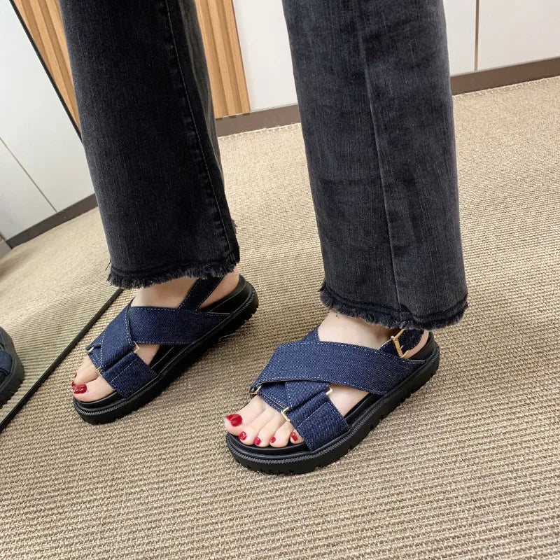 Denim Cross-strap Thick Sole Sandals Women 2025 New Summer Platform Shoes  Woman Outdoor Casual Sports Beach Shoes Slippers
