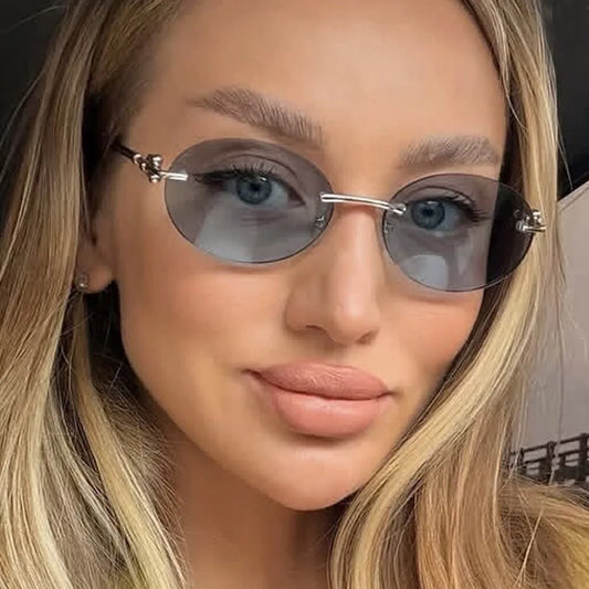 Rimless Small Round Cat Eye Sunglasses for Women Fashion Circle Frame Alloy Sun Glasses Ladies Elegant Casual Travel Glasses