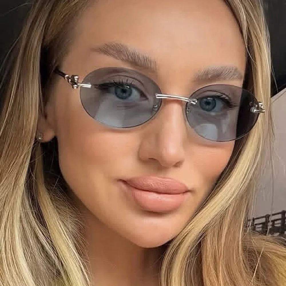 Rimless Small Round Cat Eye Sunglasses for Women Fashion Circle Frame Alloy Sun Glasses Ladies Elegant Casual Travel Glasses