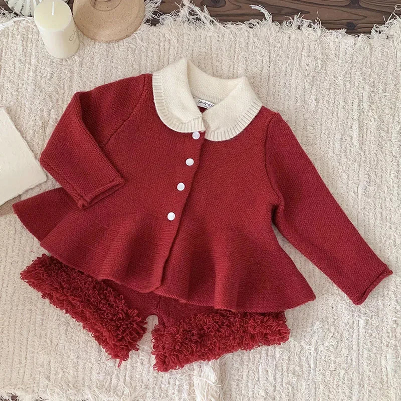 2024 New Autumn Winter Infant Baby Girls Clothing Set Long Sleeved Knitted Cardigan+Shorts Toddler Baby Knitted Clothes Suit