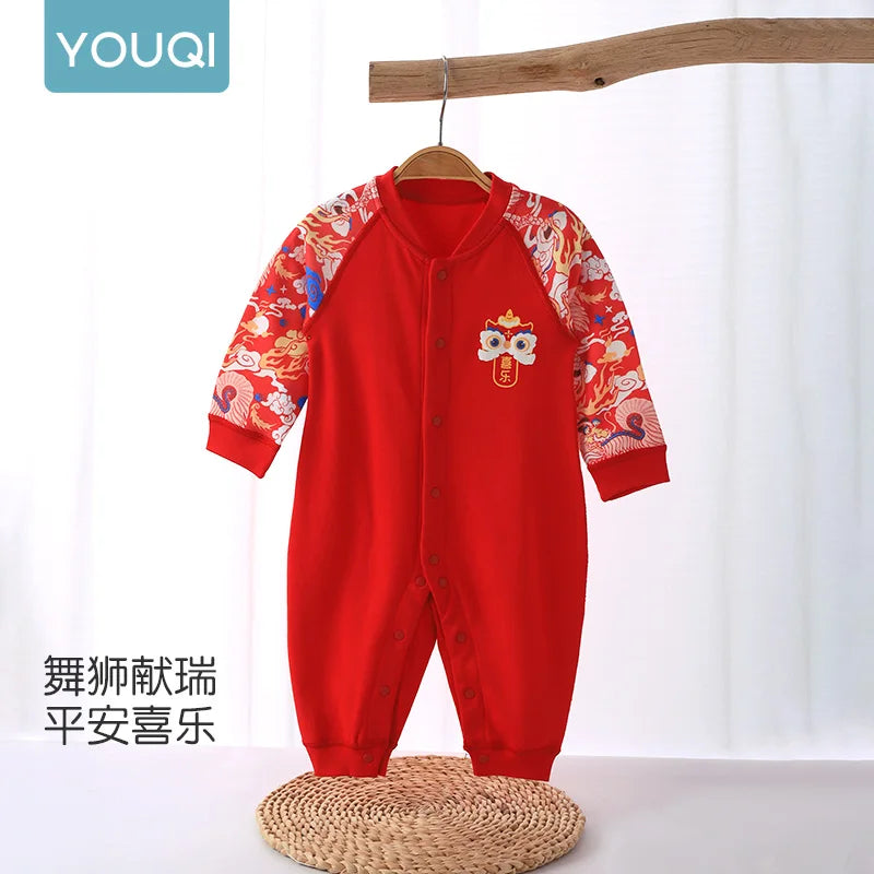 【Youqi】Chinese Baby Romper Autumn Style Full-Month Baby Red New Year Pure Cotton Jumpsuit Festive Hundred-Day Birthday Outfit