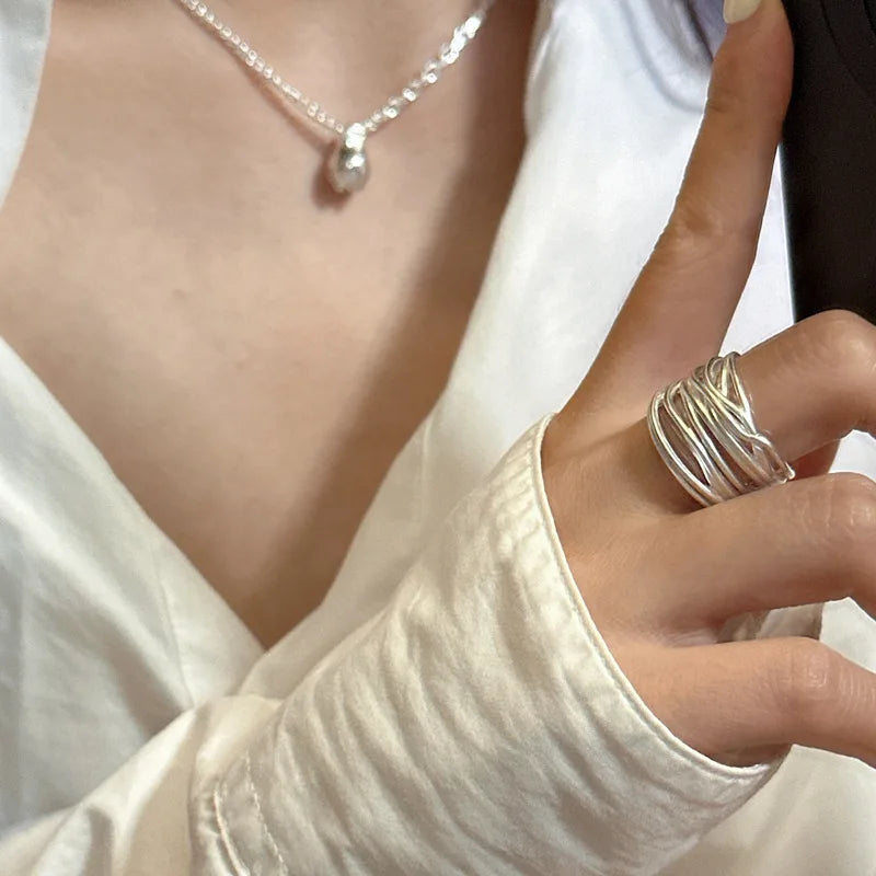VENTFILLE 925 Sterling Silver Geometric Line Cross Wrap Open Ring For Women Gift Irregular Punk Adjustable Jewelry Dropshipping