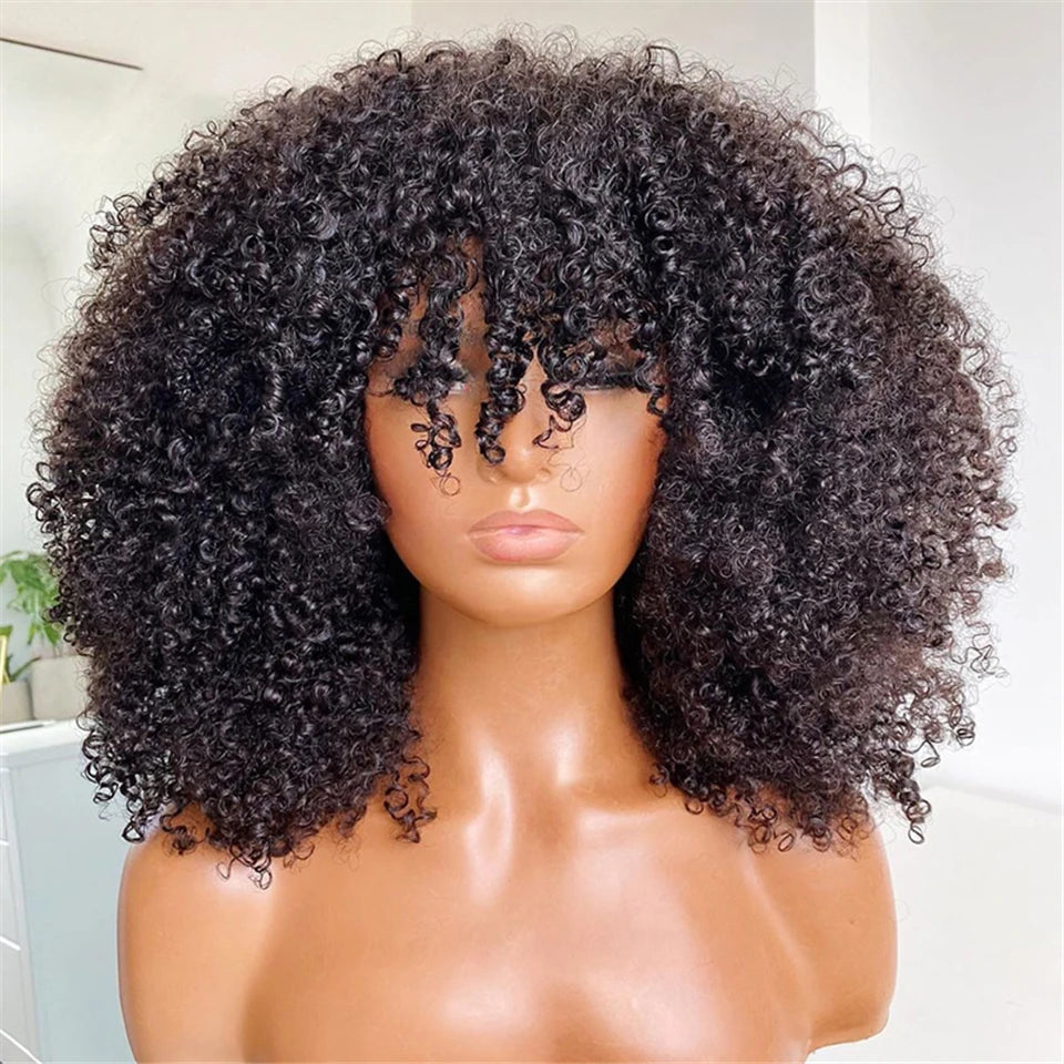 Mongolian Afro Kinky Curly Human Hair Wig Bob With Bangs For Black Women 180% 250% Density Brazilian Remy Full Machine Made Hair