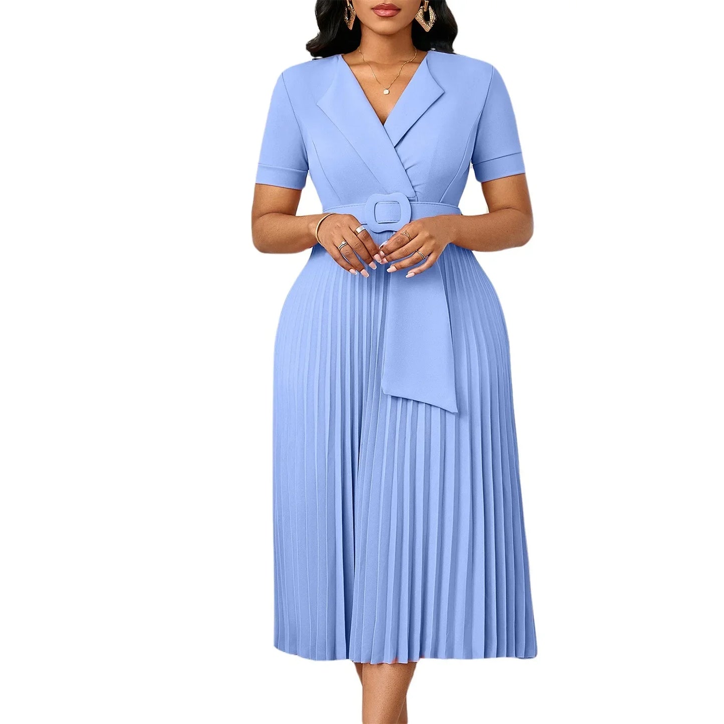 Sexy Short Sleeve V-Neck Elegant African Pleated Dress High Waist Midi Dress Fashionable Atmosphere Casual Elegant Style