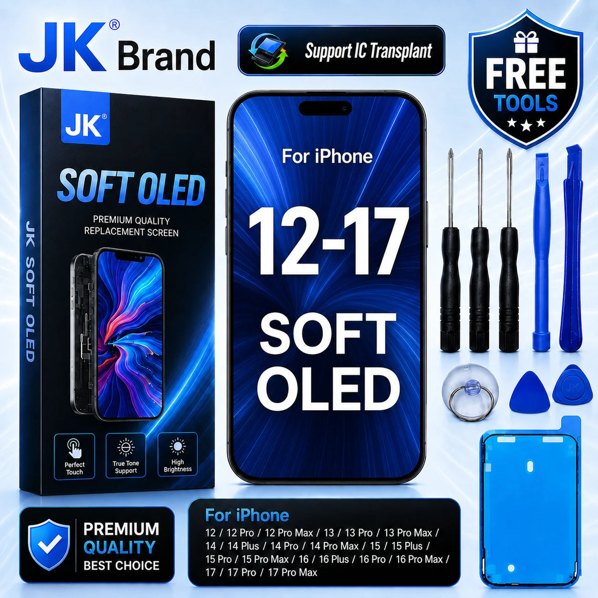 JK Flexible Soft OLED Display Assembly for iPhone 12 13 14 15 16 17 Pro Max Plus Screen Replacement Part
