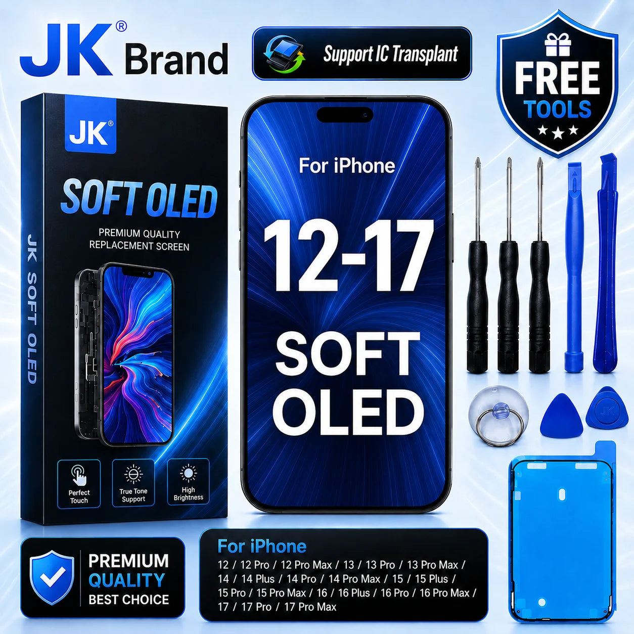 JK Flexible Soft OLED Display Assembly for iPhone 12 13 14 15 16 17 Pro Max Plus Screen Replacement Part