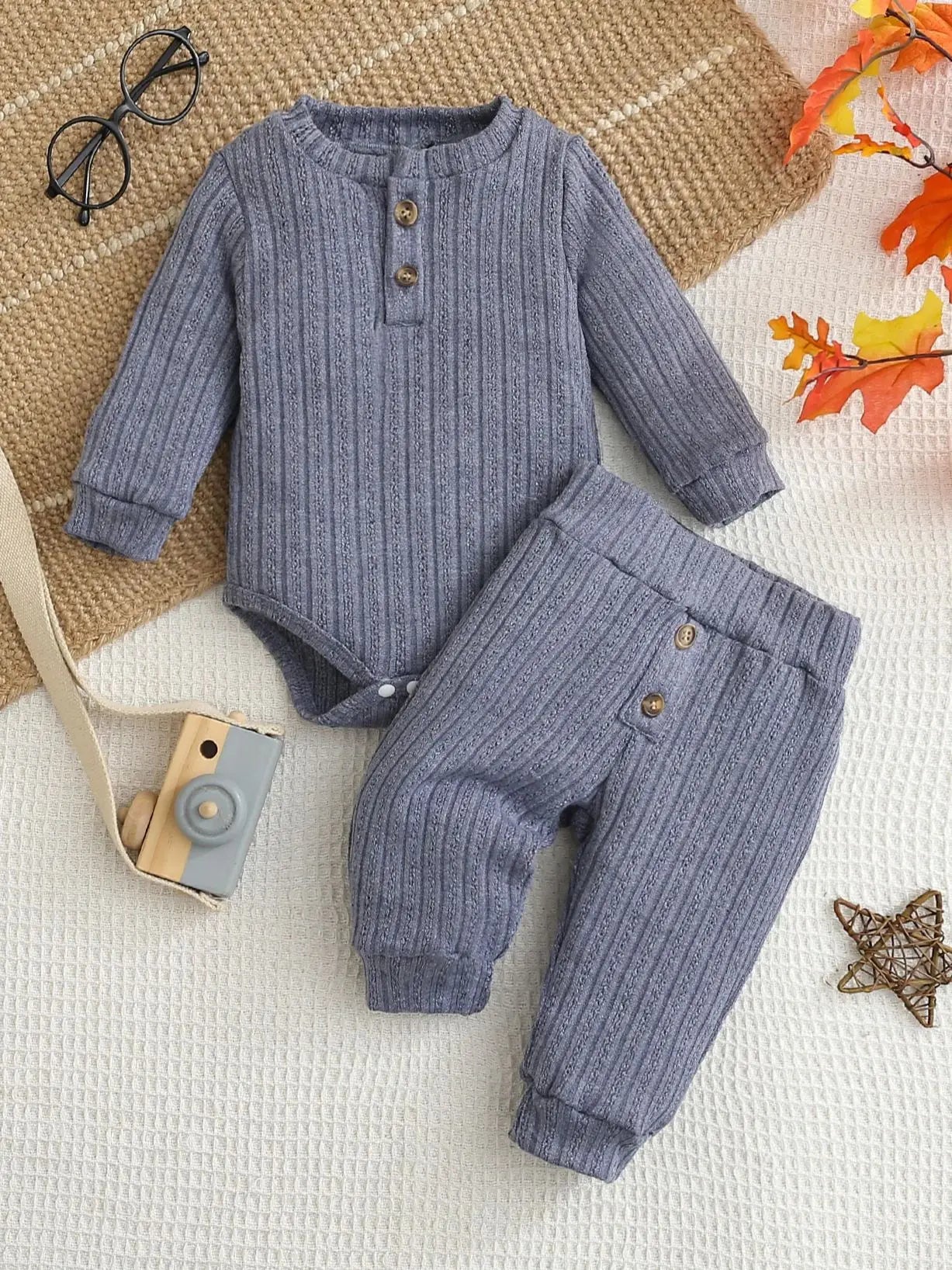 Baby Autumn Winter Knitted Blue Long Sleeve Crawler Suit with Long Pants Infant Clothing Set for Toddlers