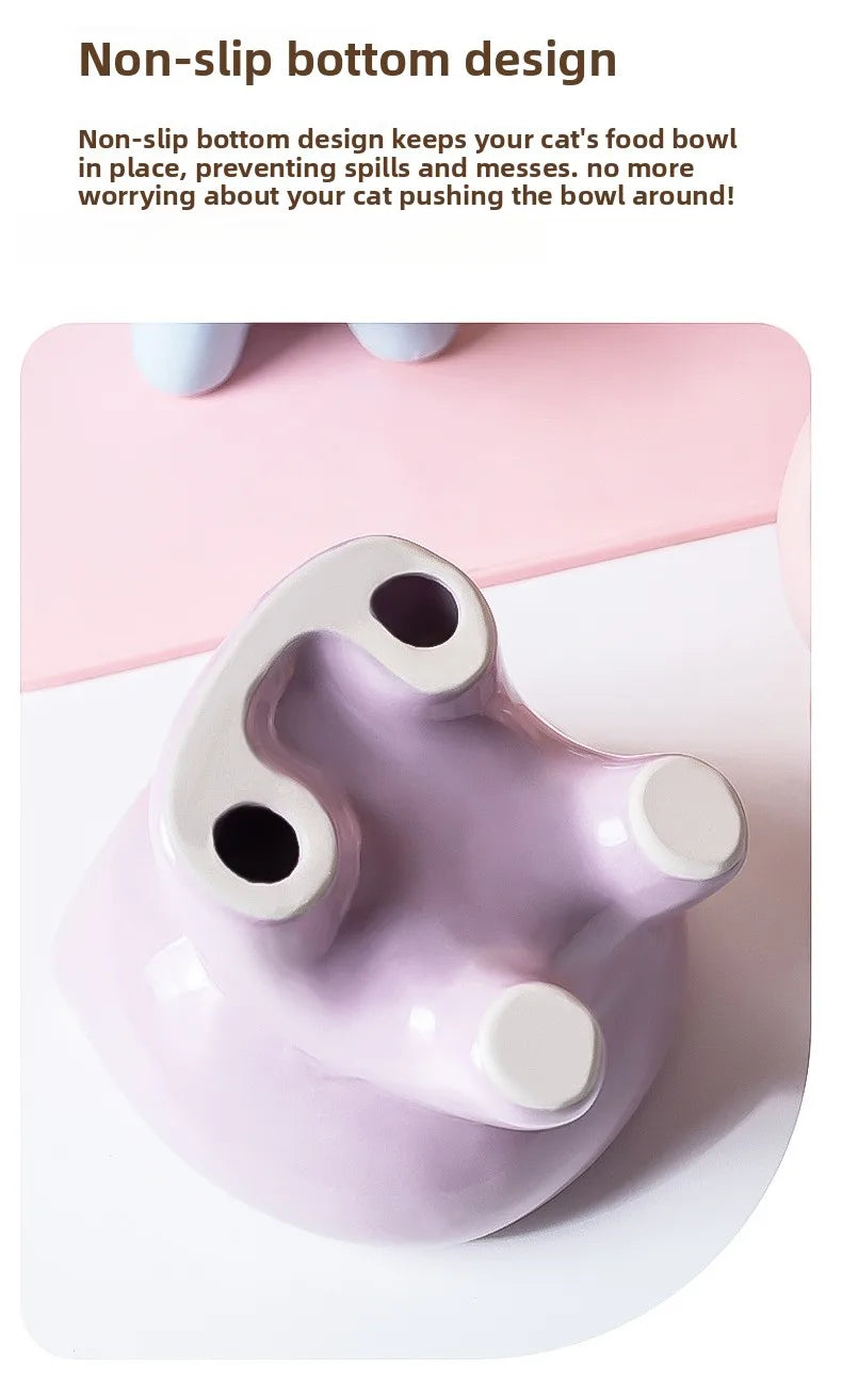 Ceramic Heightening Bowl Set | Cute Macaron Color Series，Slanted Spill-Proof，Cat Slow Feeder Bowl，InsEasy to Clean，Multi-Color O