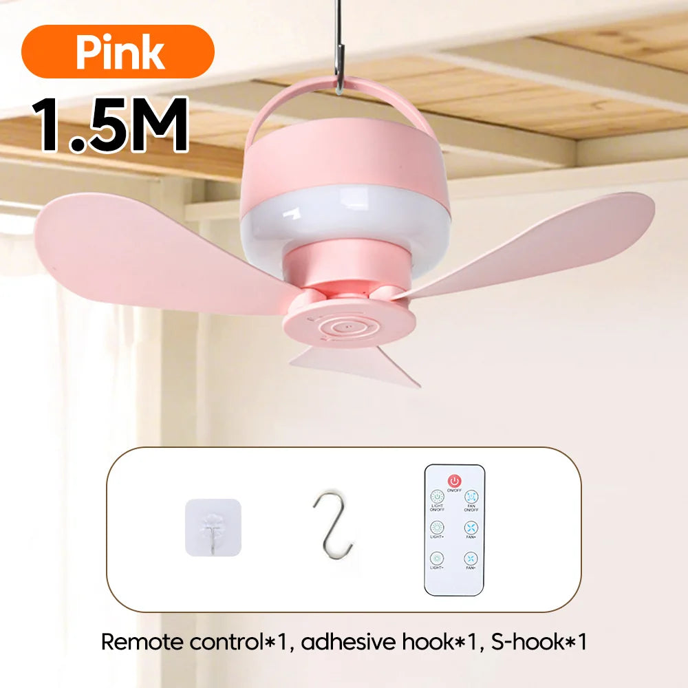 1.5/3M Ceiling Fan With LED Light and Remote Control USB Charging Household Outdoor Camping Tent Student Dormitory Bed Small Fan