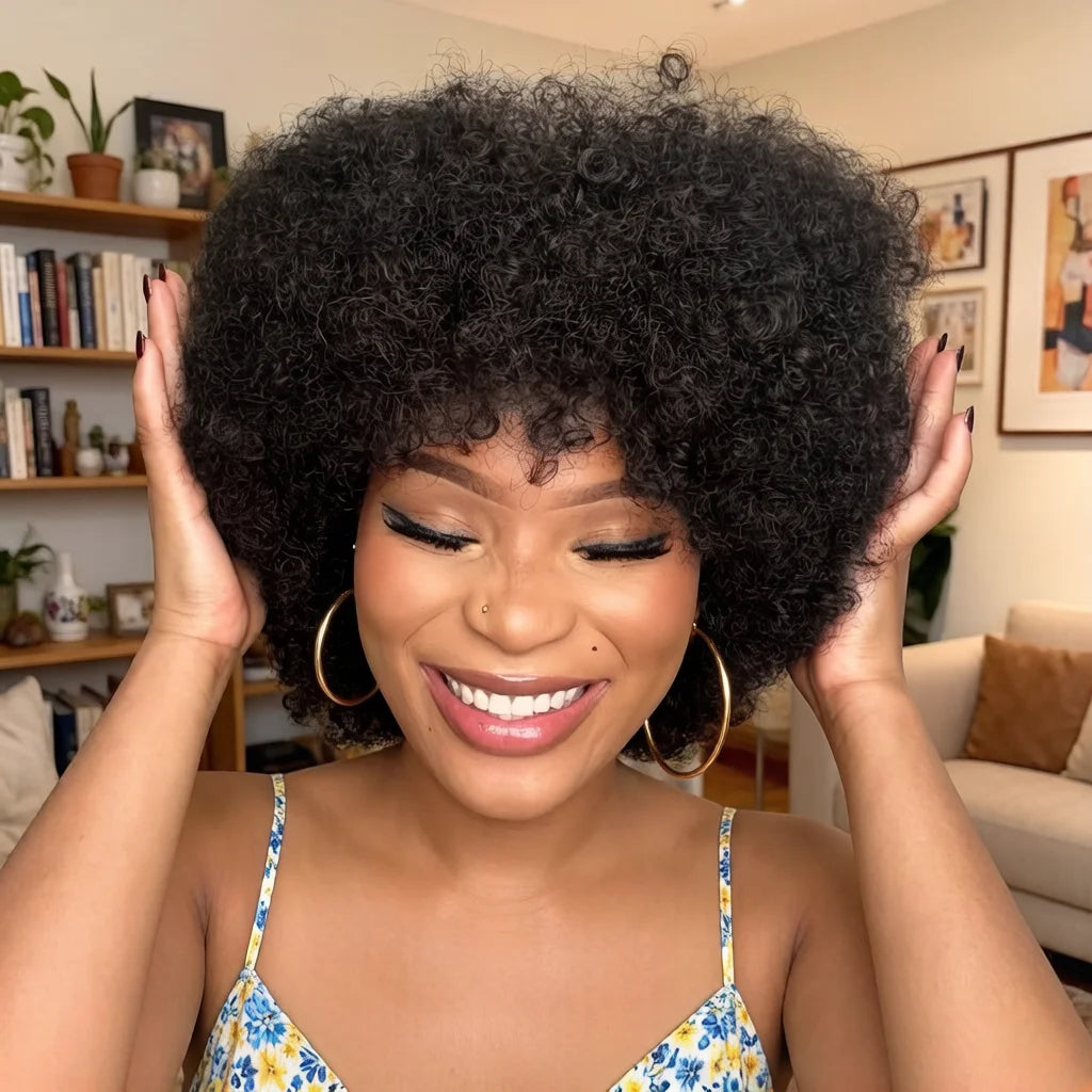 8 Inch Short Afro Kinky Curly Human Hair Wig for Women, full machine made Remy Human Hair Afro Wig with Bangs, Natural Black Cur