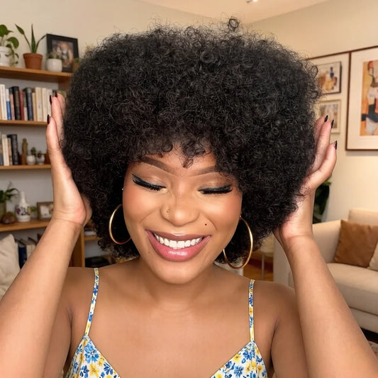 8 Inch Short Afro Kinky Curly Human Hair Wig for Women, full machine made Remy Human Hair Afro Wig with Bangs, Natural Black Cur