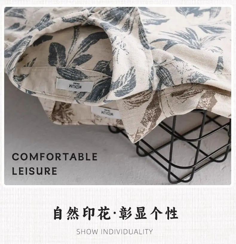 Vacation Leaf Print Linen Blend Short Sleeve Shirt Mens Lapel Casual Breathable Top