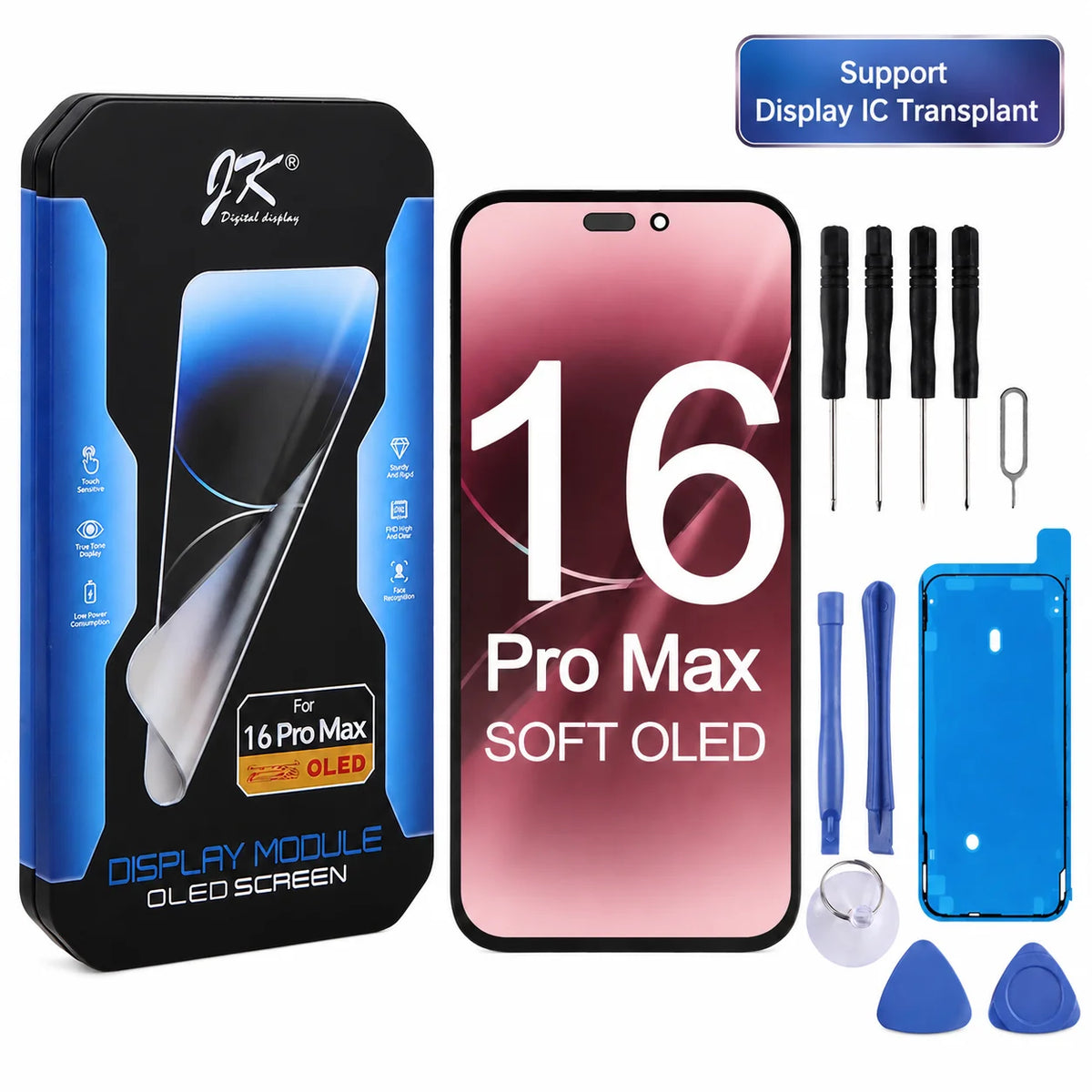 JK Flexible Soft OLED Display Assembly for iPhone 12 13 14 15 16 17 Pro Max Plus Screen Replacement Part