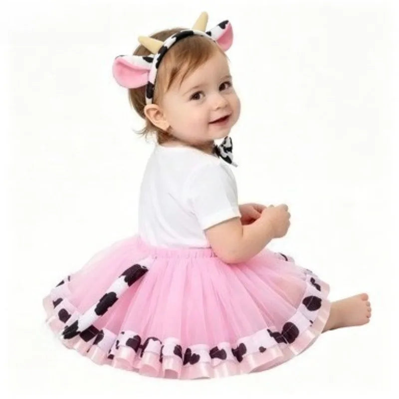 Girls' Short Skirt Midi Skirt Double-Layer Mesh Tutu Skirt,Cow Four-Piece Set Animal-Themed Dress, Halloween Performance Costume