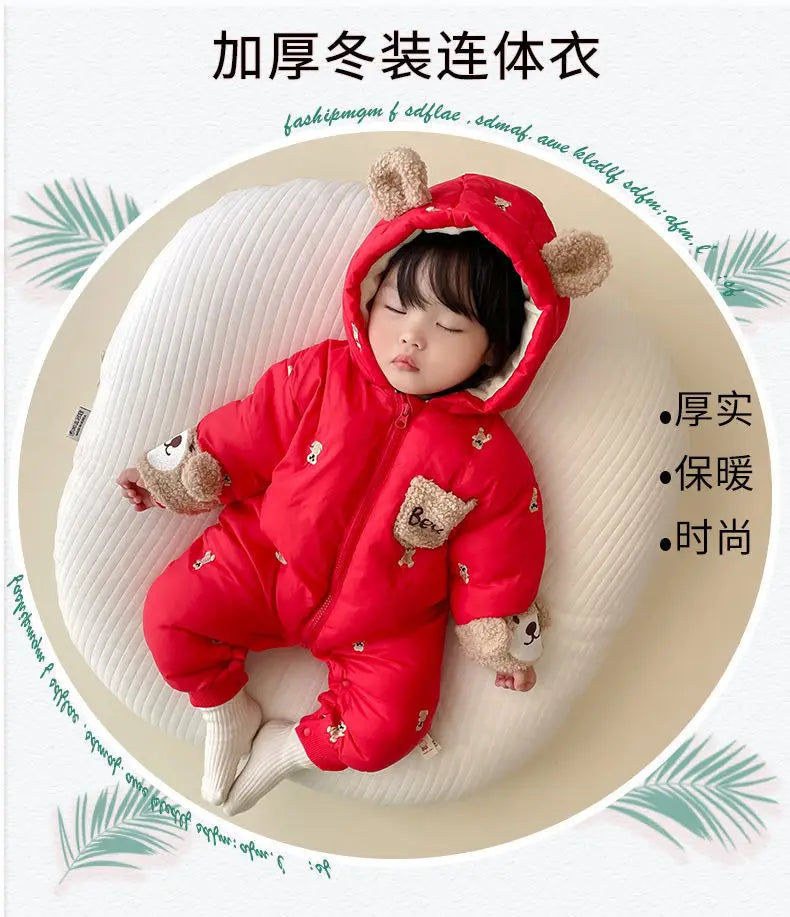 New Winter Thick Keep Warm Boys Girls Rompers Lined With Velvet Cartoon Bear Pattern Hooded Bodysuits For 1-2 Years Old Kids