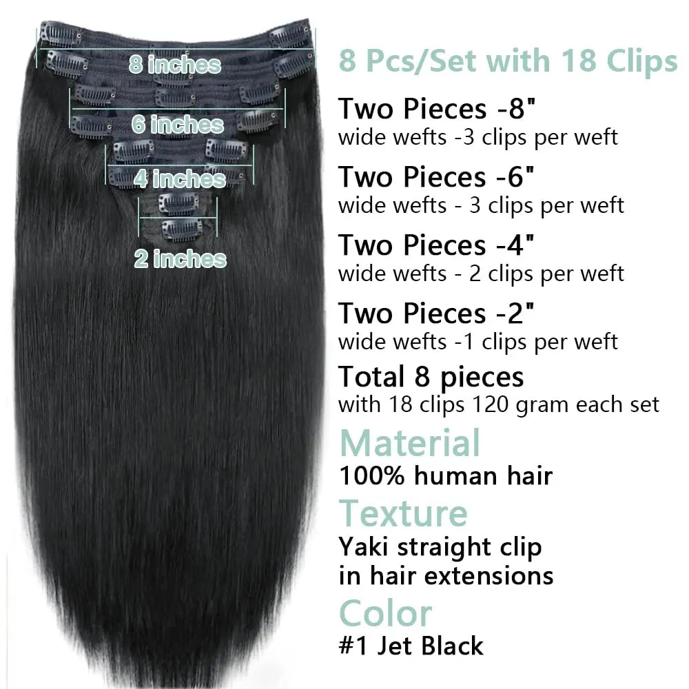 Clip In Hair Extensions Straight 100% Unprocessed Human Hair 8 Pcs/Set Full Head Seamless Brazilian Natural Black Clips ins Hair
