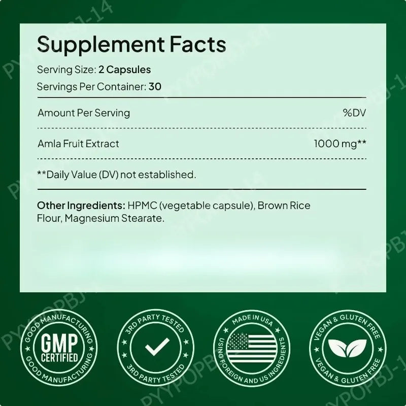 Amla Fruit Extract 1000mg Capsules Superfruit Supplement Energy Support 60 Capsules 30 Servings Vegan Non-GMO Gluten Free