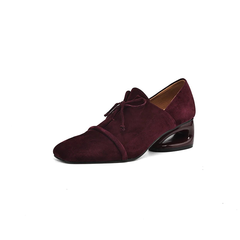 2025 New Women Pumps Sheep Suede Leather Shoes for Square Toe Low Heel Shoes Casual Lace-up Handmade Shoes 34-42 Women Heels