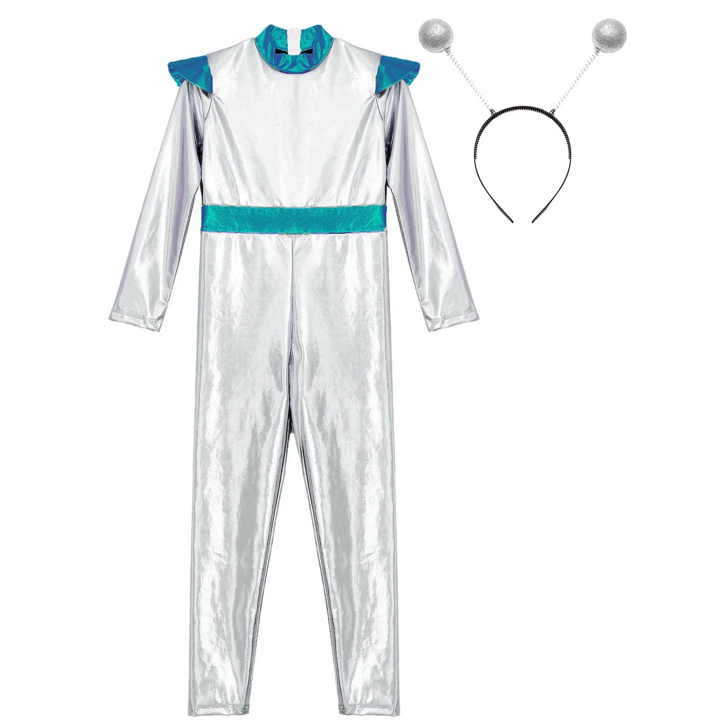 Kids Boys Girls Halloween Carnival Alien Cosplay Performance Costume Long Sleeve Metallic Shiny Space Jumpsuit with Hair Hoop