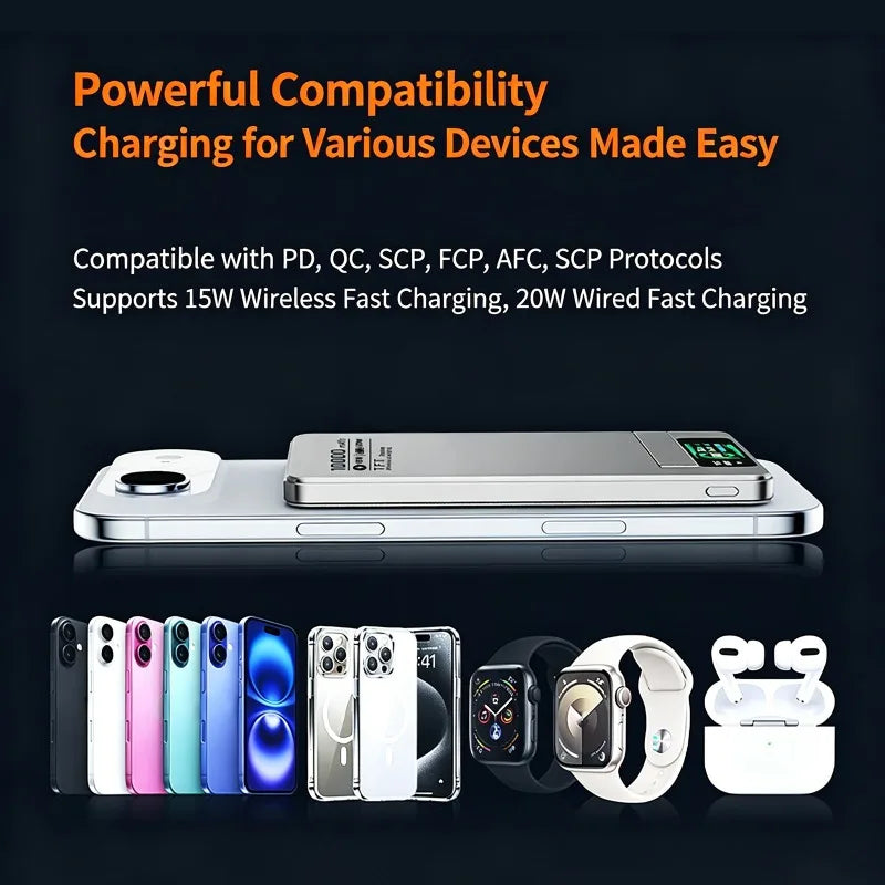 5000/10000mAh Slim and Portable Magnetic Power Bank with Bracket TFT Digital Display Wireless Fast Charging for Phones Watches