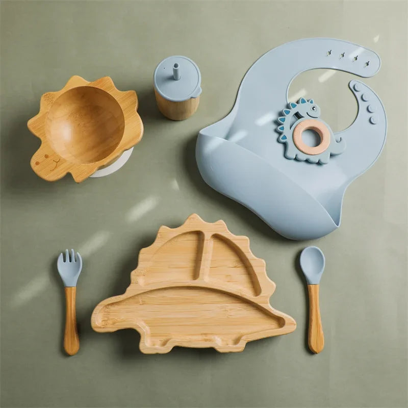 7pcs Silicone Baby Feeding Set Baby Feeding Supplies Kids Bamboo Dinnerware With Cup Children's Dishes Bowl Stuff Tableware Gift