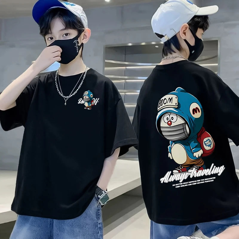 Summer 100% Cotton Boys Blue T-shirt Cool Graffiti Printed Girls Tees Short Sleeve Children Tops High Quality Kids Clothes 2024