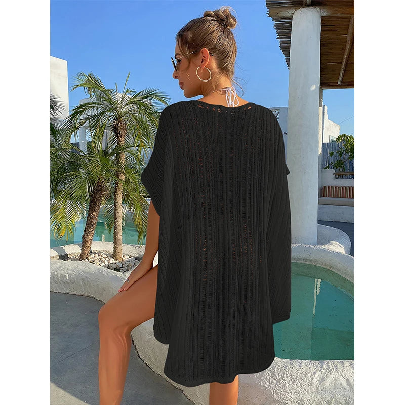 Knitting Binding Rope Bikini Cover Up Sexy Hollow Loose Dress Female Summer Swimsuit Beach Sunscreen Smock Dress