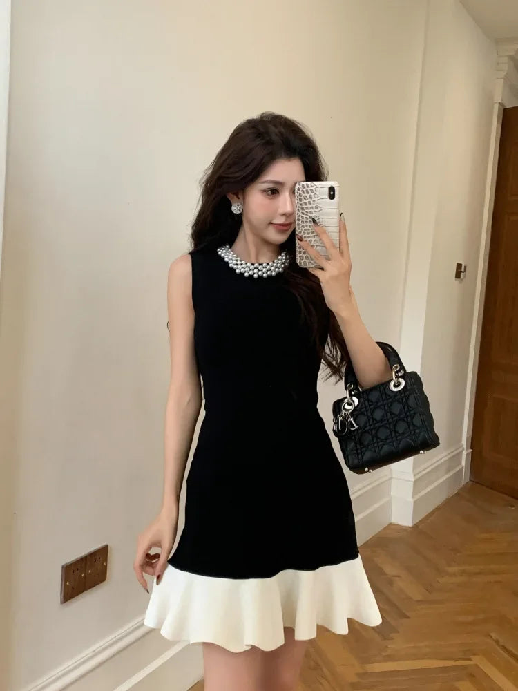 Elegant Pearl Detail Knitted Ice Silk Sleeveless A- Line Dress French Style Summer Dress for Women with Lace Hem Empire Waist