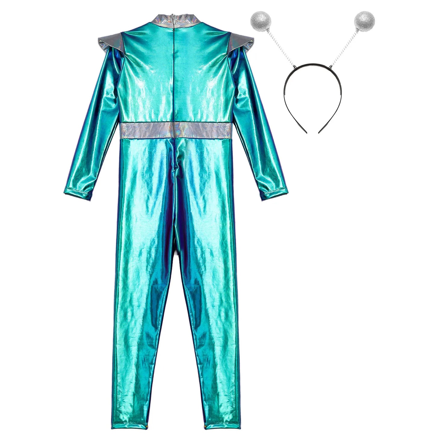 Kids Boys Girls Halloween Carnival Alien Cosplay Performance Costume Long Sleeve Metallic Shiny Space Jumpsuit with Hair Hoop