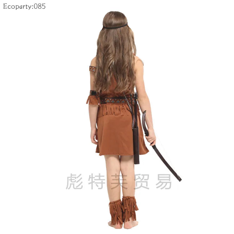 Halloween Kids Indian Cosplay Performance Costumes Primitive Activity Costumes Dress +Headdress+Waistband+Armband+Shoe covers