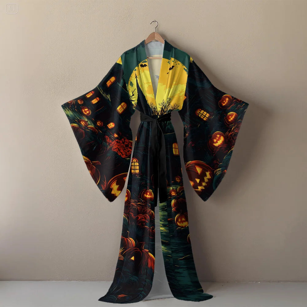 Halloween Sexy V-Neck Robe with Ghost Print High Slit & Bat Sleeves Kimono - Women's Party Costume Funny Cool Cosplay Wear