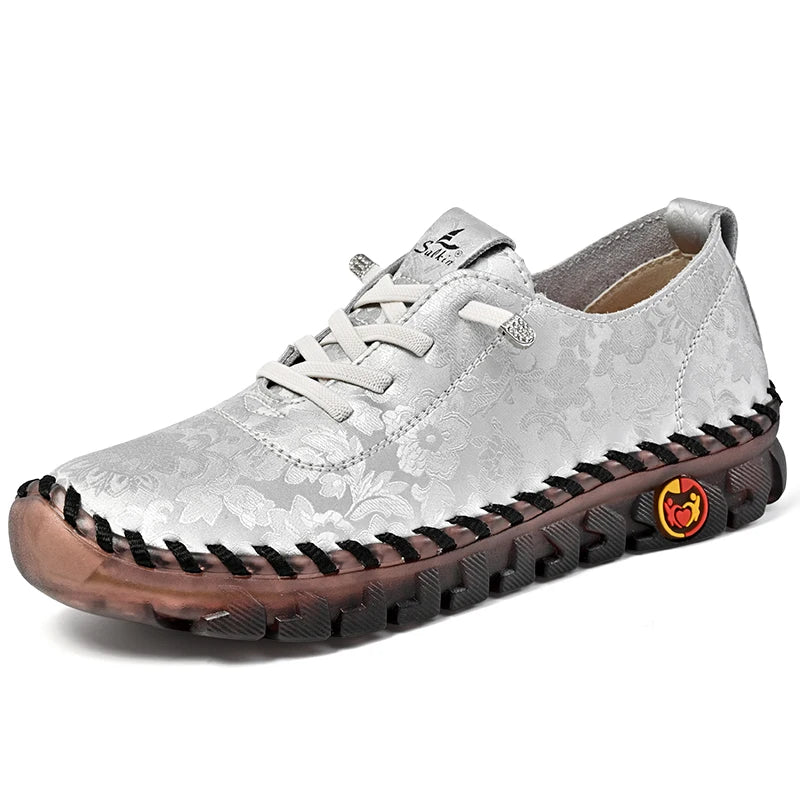 Print Fashion Sneakers Women Hand-stitching Leather Casual Shoes Design Platform Loafers Breathable Flats Shoe Driving Plus Size