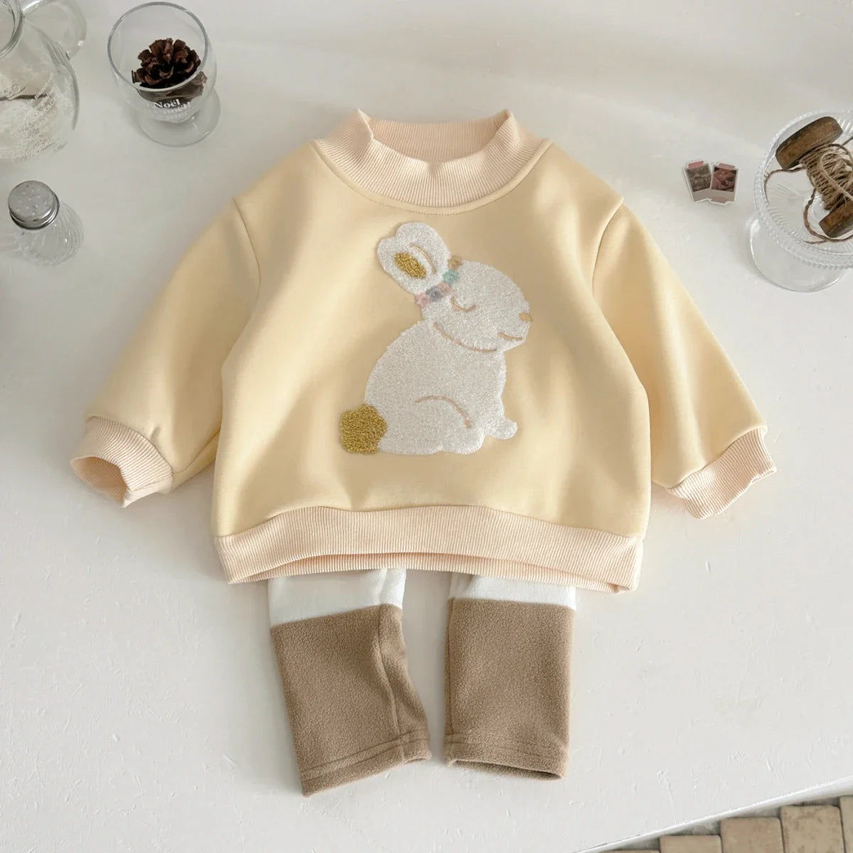 Casual Sweatshirts Girls Toddler New Winter Clothing Crewneck Rabbit Embroidery Pullovers Color Blocked Pants 2pcs Outfit