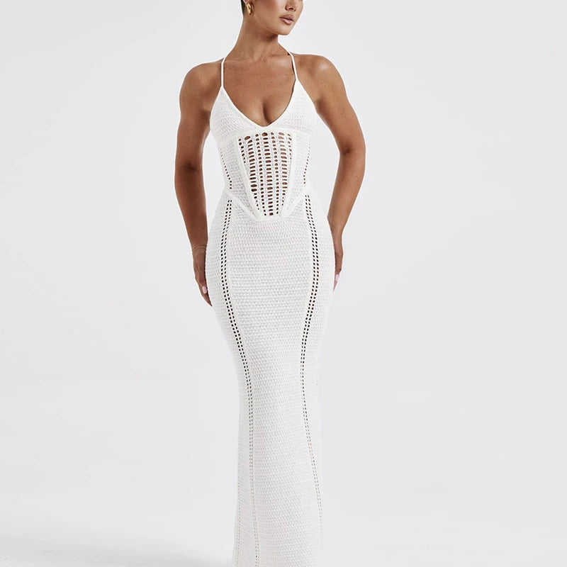 Sexy Style Backless Tie Up Long Dress Summer Pool Party Beach Vacation Slip Dress Fashion Knitting Hollow Out Beachwear Cover Up