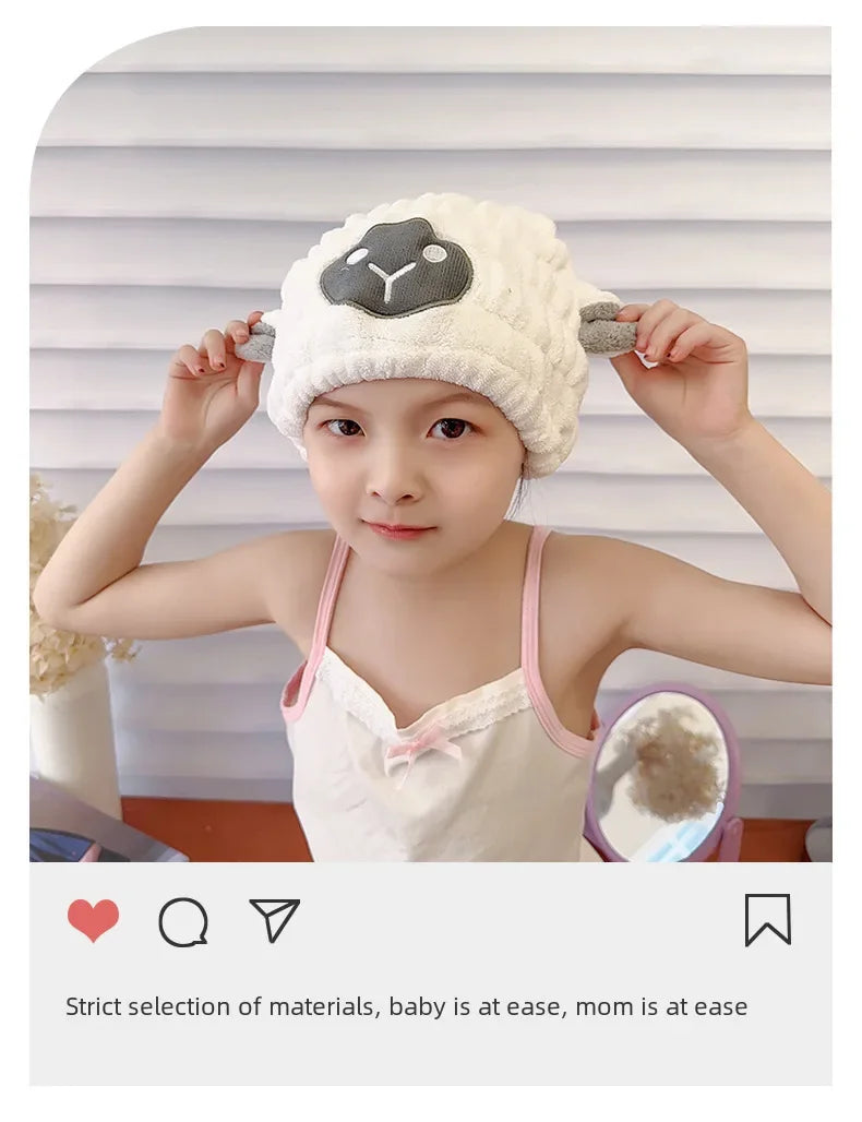 Coral Fleece Cartoon Kids Hair Drying Hat Animal Embroidered Shower Cap Absorbent Quick Dry Tape Cute Bathroom Accessory Soft