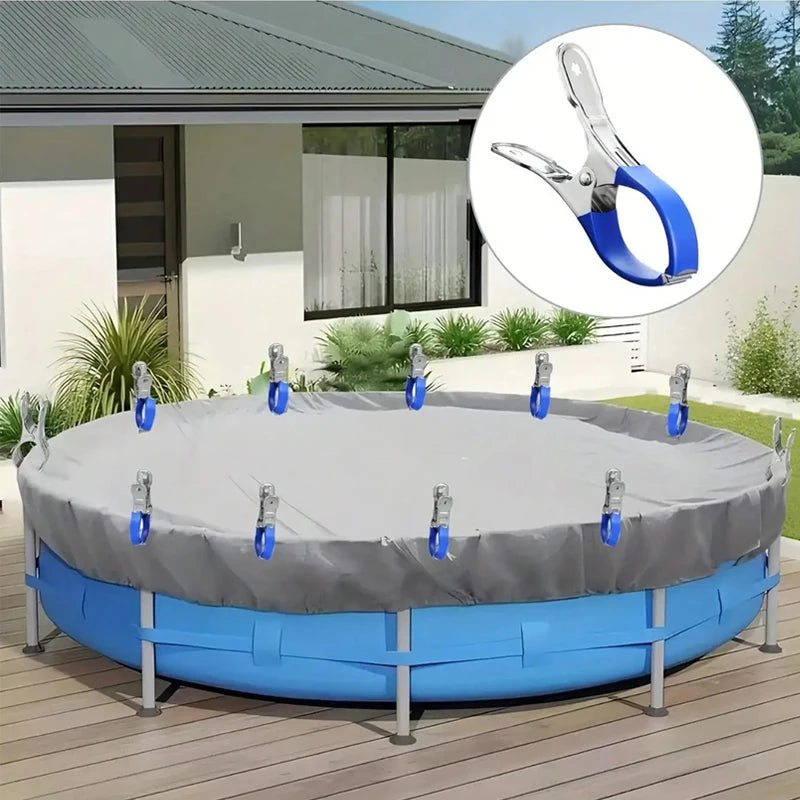 6pcs/set Durable Stainless Steel Pool Cover Clips with Blue Plastic Handles - Heavy Duty Windproof Spring Clips for Secure Above